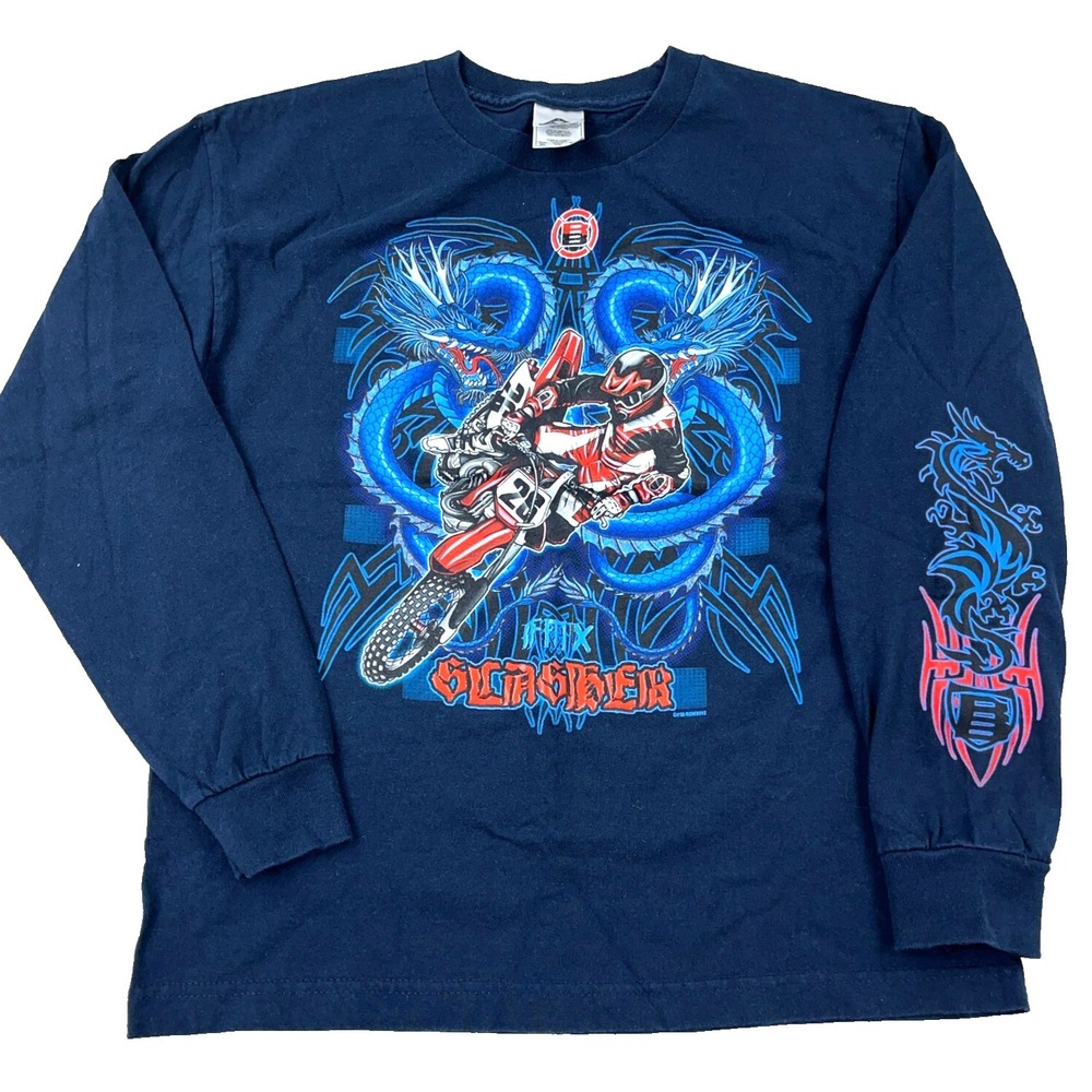 Vintage Rudeboyz shirt‎ Boys XL Blue Dirt Bike Motocross Dragon Tattoo Youth Y2K